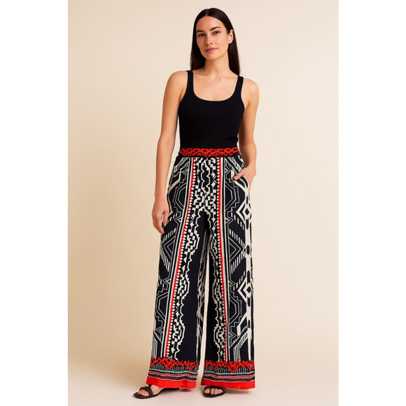 Jealous Tomato Pants - Women's Jealous Tomato L Black Red White Tribal Print Wide Leg Pants